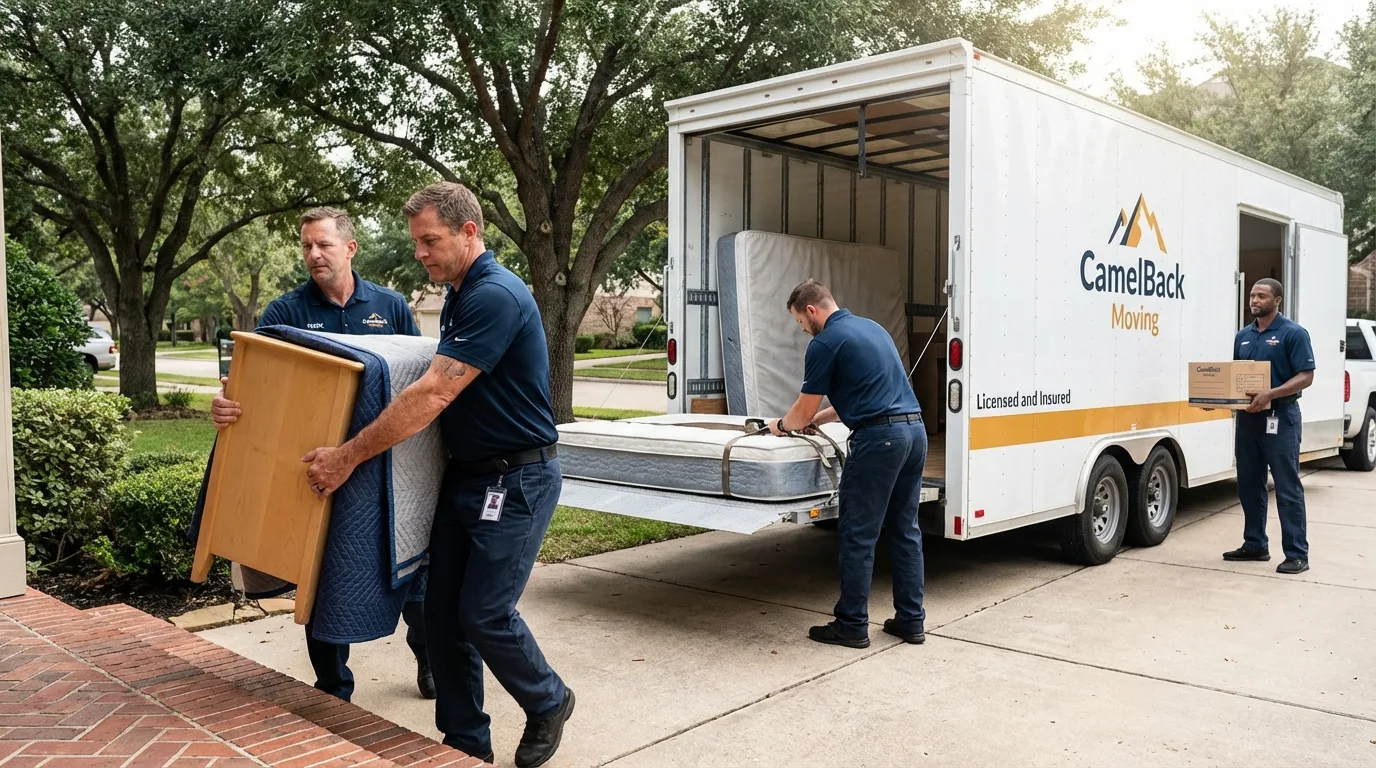 Crew loading residential truck for cross-state move from Sheboygan Falls, WI