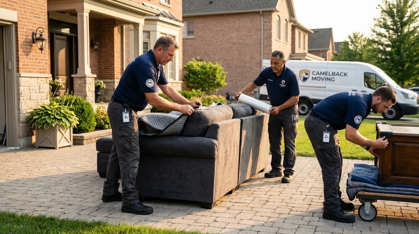 Large estate moving crew wrapping furniture in Sheboygan Falls, WI