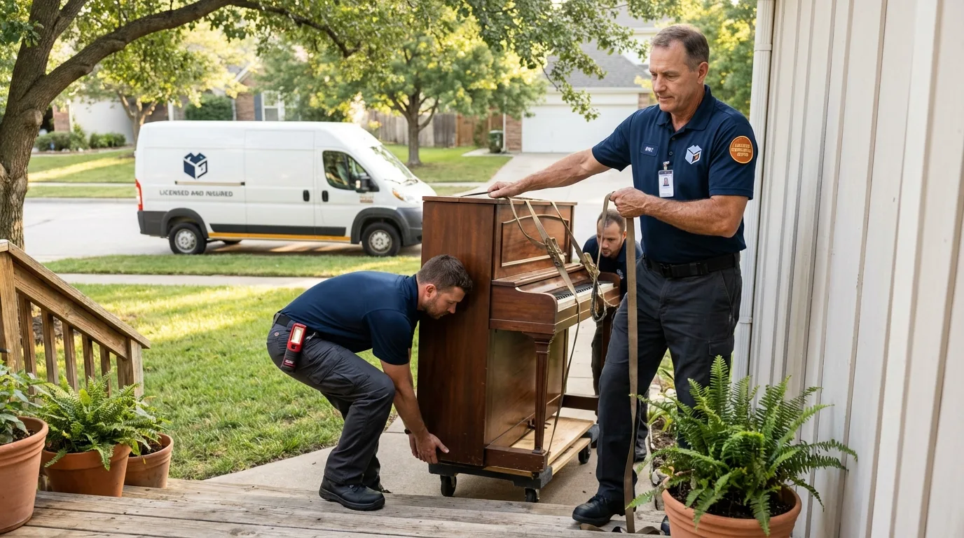 Licensed piano movers securing grand piano in Sheboygan Falls, WI