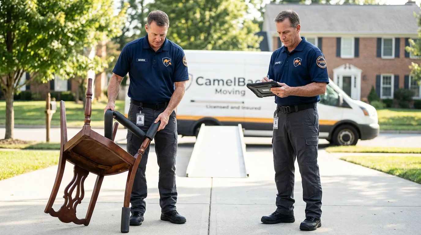 Movers inspecting furniture for damage prevention before loading in Sheboygan Falls, WI