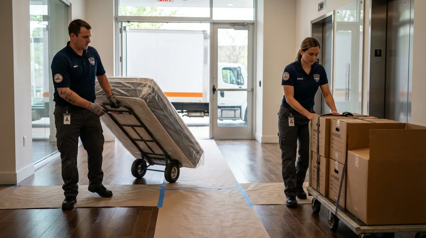 Professional apartment movers loading elevator in Sheboygan Falls, WI