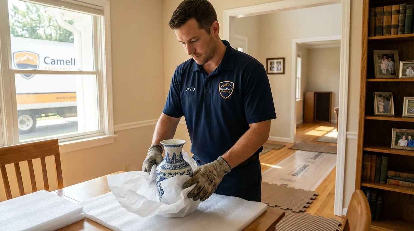 Professional crew carefully wrapping antique vase for senior downsizing move in Sheboygan Falls, WI